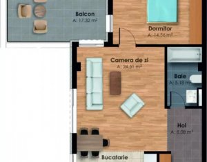 Apartament 2 camere, 60 mp, terasa, Centru 