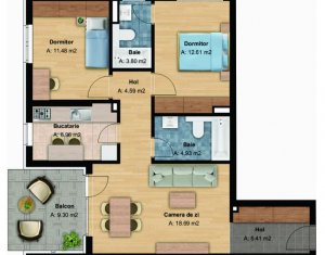 Apartament 3 camere, bloc nou, 68 mp, et. intermediar, cartier Buna Ziua