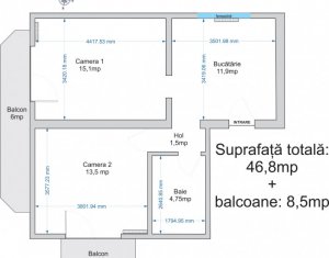 Apartament 2 camere decomandat, 47 mp, 2 balcoane 8,5 mp, etaj 1/3, Intre Lacuri