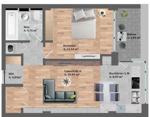 Apartament 2 camere, decomandat, Baciu, semifinisat, 54mp