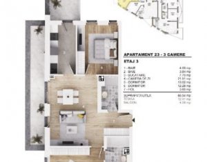 Apartament 3 camere, 70 mp, 2 bai, terasa, zona Brancusi, bloc nou