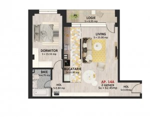 Apartament 2 camere, 62 mp, logie 6 mp, etaj 2, parcare subterana, Marasti