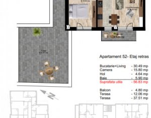 Apartament nou, Centru, panorama, 2 camere, 56,83mp utili plus 54,37mp terase