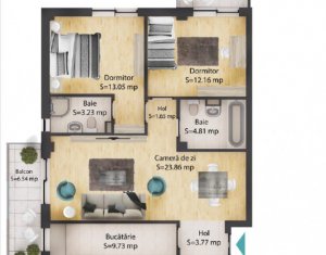 Apartament 3 camere, 72 mp, 2 bai, 2 balcoane, parcare subterana,Baciu