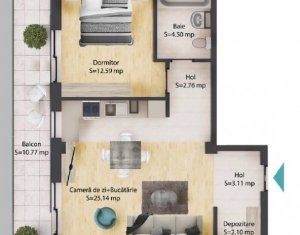 Apartament 2 camere, 50 mp, baie, balcon 11 mp, parcare subterana, Baciu