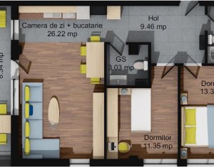 Apartament 3 camere, 68,32 mp, 2 bai, terasa 62 mp, parcare subterana, Baciu