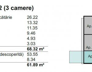 Apartament 3 camere, 68,32 mp, 2 bai, terasa 62 mp, parcare subterana, Baciu