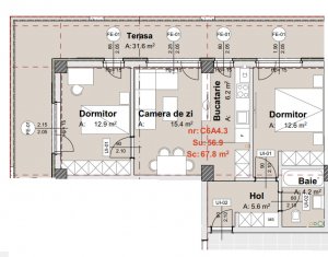 Apartament 3 camere, 57 mp, terasa 32 mp, parcare subterana, zona Vivo
