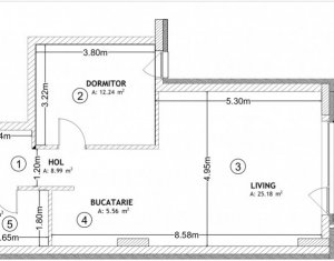 Vanzare apartament bloc nou cu CF, Centru, etaj 4 din 6, 56 mp, parcare, balcon