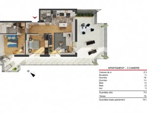 Penthouse cu 3 camere, terasa de 77 mp, garaj, bloc nou, in Marasti