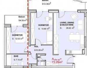  Apartament de 3 camere, semifinisat, terasa, in imobil nou, finalizat, cu CF