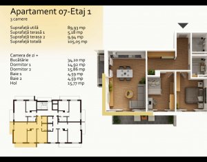  Apartament cu 3 camere, 2 bai, balcon, parcare, etaj 1, Buna Ziua